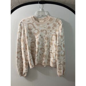 Emily McCarthy Small Neutral Leopard Animal Print Knit Sweater Cream Tan S